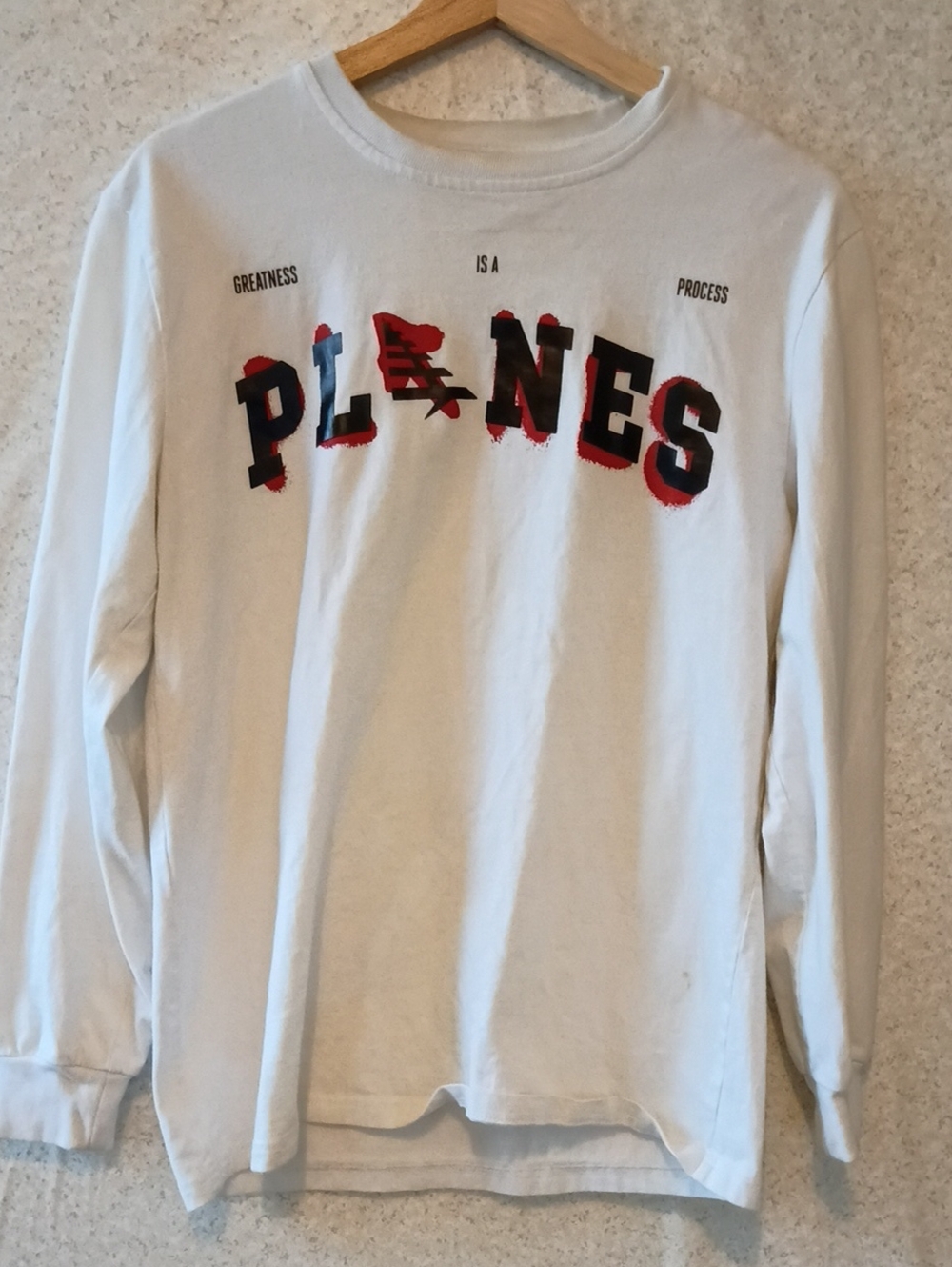 White Long-Sleeve Graphic Tee with Red & Black Lettering